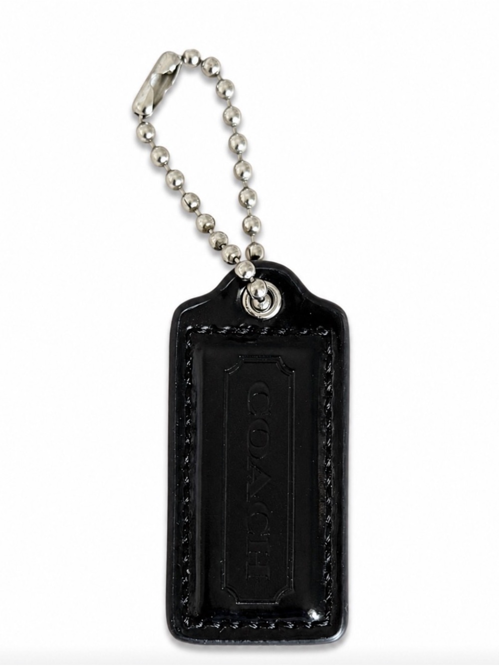 Coach Black Leather Tag Key Fob with Silver Ball Chain